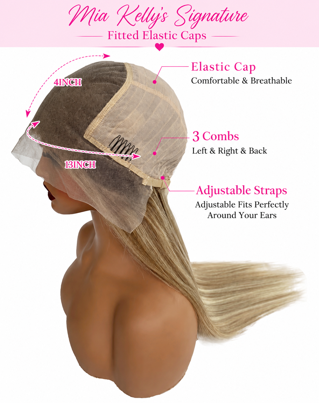 Mia Kelly Signature Fitted Elastic Cap diagram showing elastic cap, 3 combs, and adjustable straps